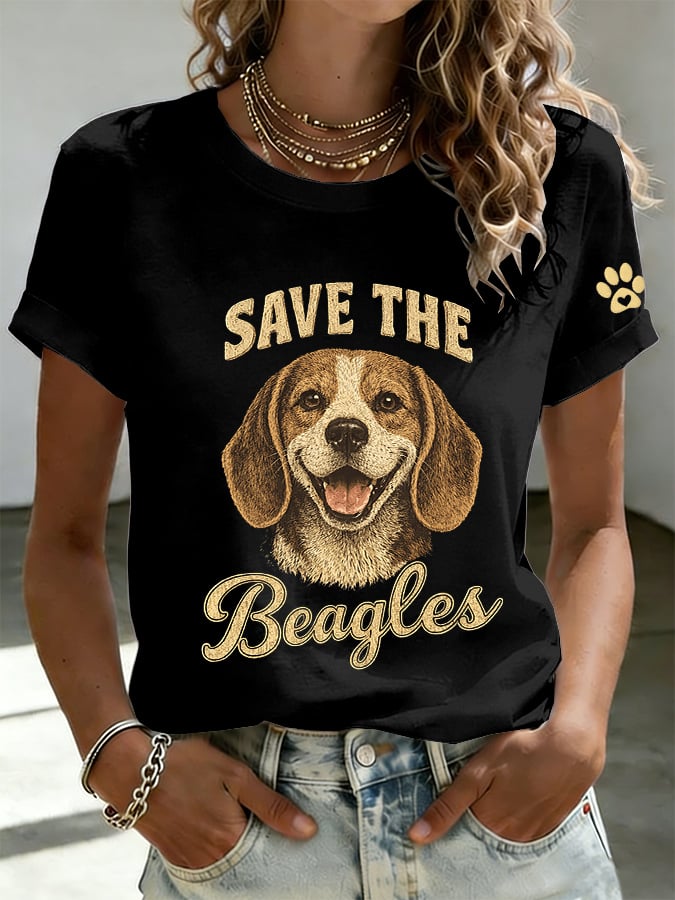 Women's Save The Beagles Print Round Neck T-shirt