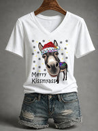 V-Neck Retro Funny Christmas Donkey Merry Kissmyass Print T-Shirt