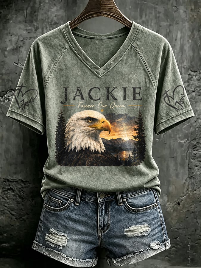 🔥🔥2nd 50% Off 🔥🔥Jackie Forever Our Queen V-Neck Retro Print T-Shirt