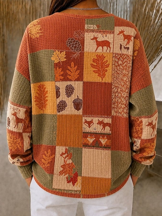 Women's Casual Printed Waffle-Knit Henley Sweatshirt