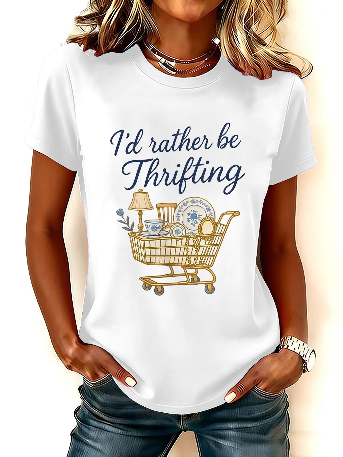 Women's I’d Rather Be Thrifting Print Round Neck T-Shirt