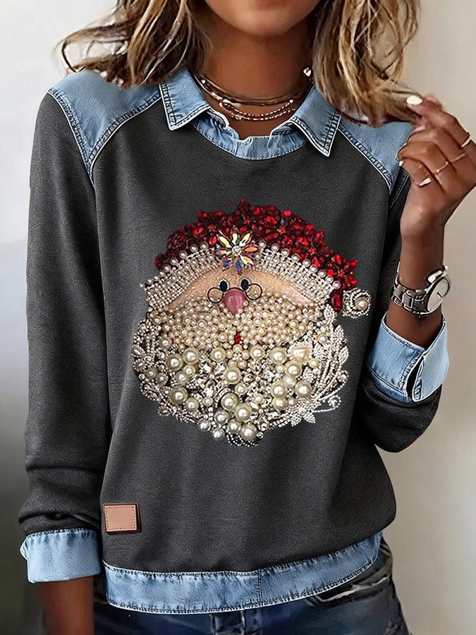 Women's Santa Head Printed Comfortable Denim Patchwork Sweatshirt