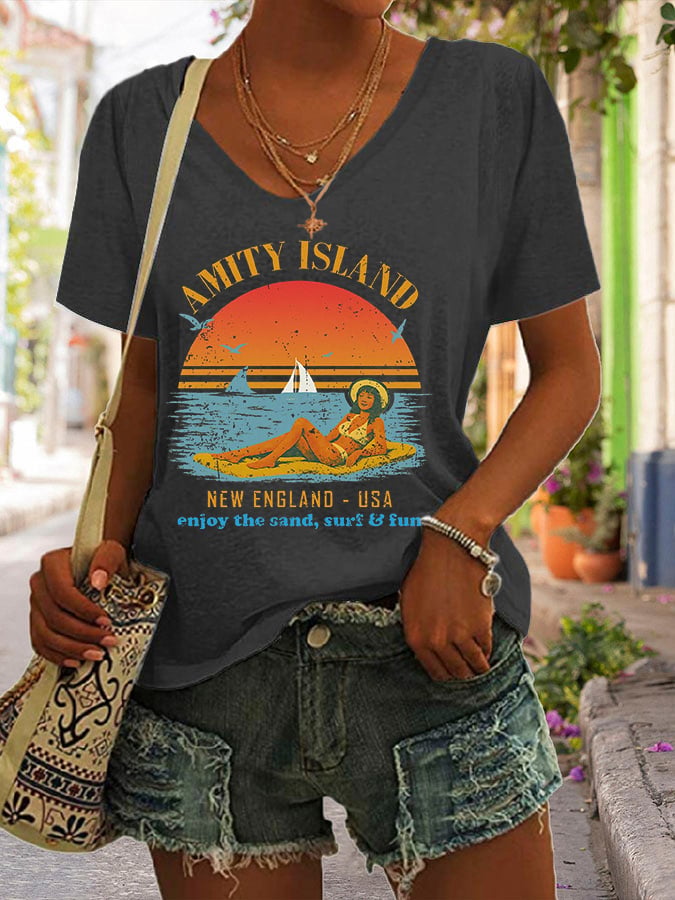 Women's Amity Island Enjoy The Sand Surf And Fun Print T-Shirt