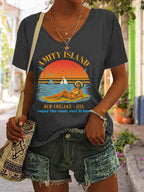 Women's Amity Island Enjoy The Sand Surf And Fun Print T-Shirt