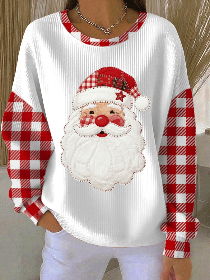 Women's Santa Claus Print Knitted Crew Neck Long Sleeve Top