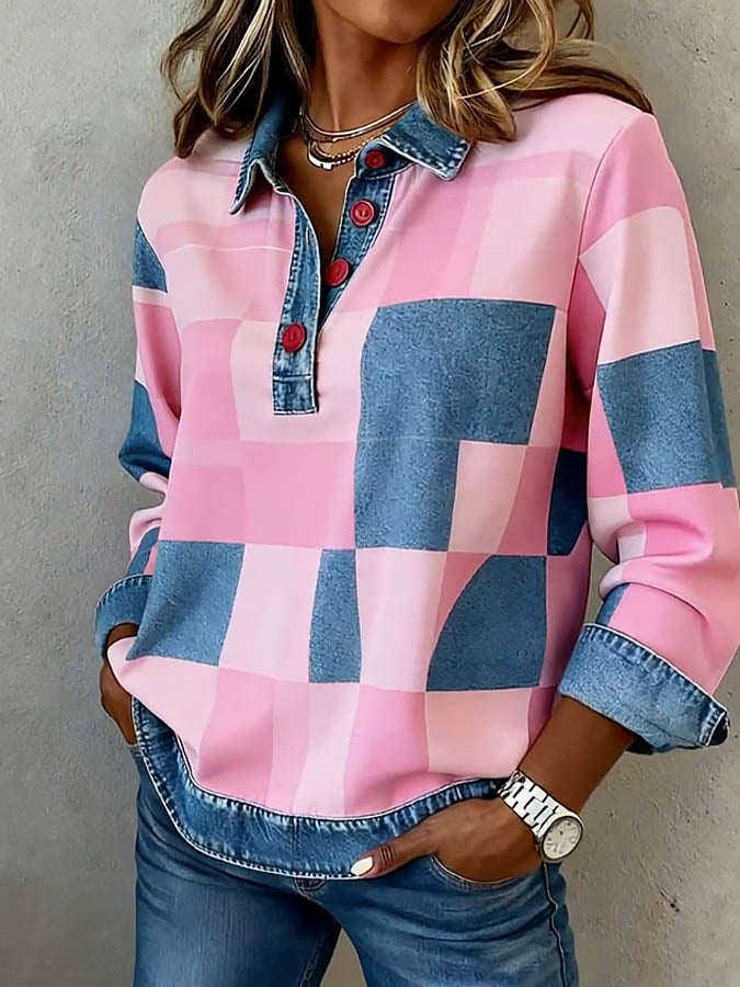 Women'S Casual Lapel Contrast Color Stitching Plaid Top