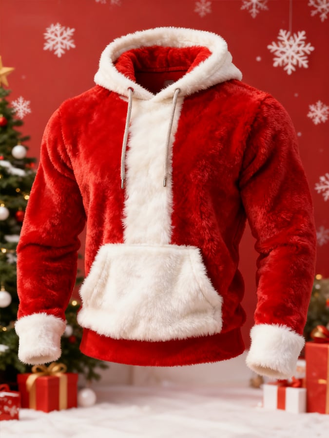 Men's Patchwork Plush Christmas Hooded Sweatshirt