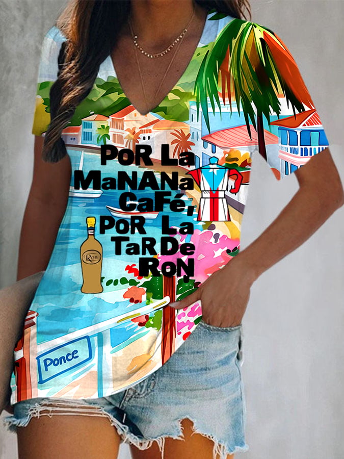 Puerto RIco Singer Printed V-neck T-shirts