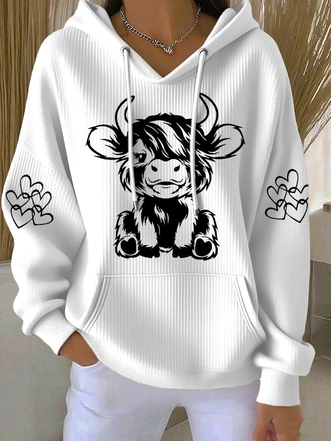 Women's Vintage Western Highland Cow Print Casual Hooded Sweatshirt