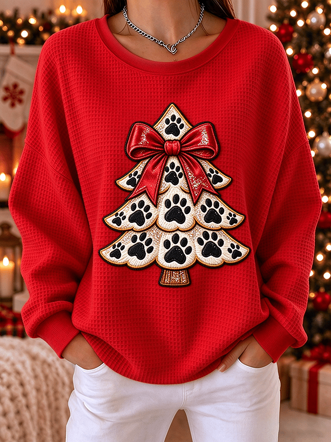 Animal Paw Christmas Tree Pattern Women's Comfortable Crew Neck Sweatshirt