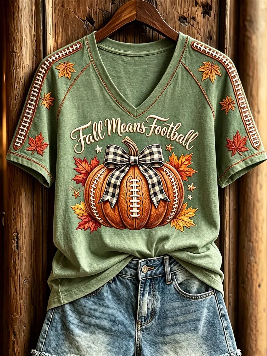Women's Football Inspired Fall Pumpkin Print T-shirt