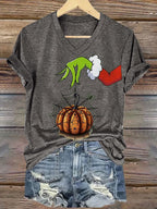 Women's Leopard Pumpkin Print V Neck T-Shirt