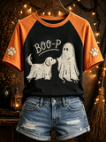 Women's Halloween Ghost Pattern Raglan Round Neck Comfortable Short Sleeve T-Shirt
