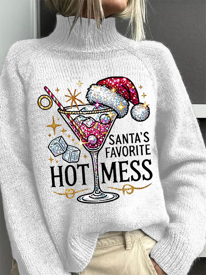 Women's Christmas Santa's Favorite Hot Mess Turtleneck Knit Sweater