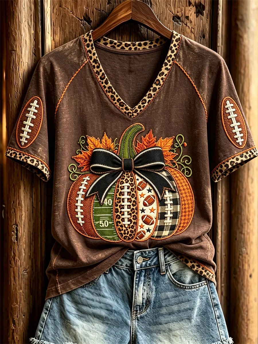 Women's Football Inspired Fall Pumpkin Print T-shirt