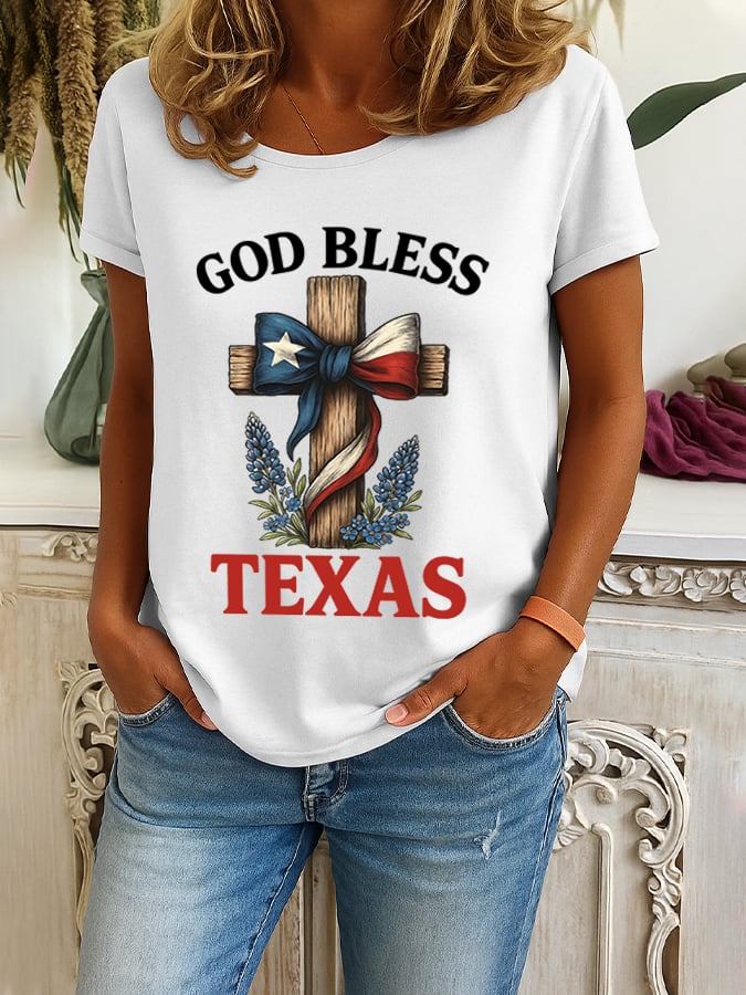 Women's Retro God Bless Texas Cross Print T-Shirt