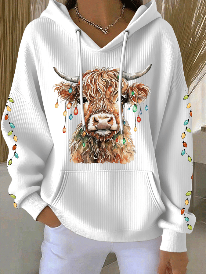 Women's Christmas Highland Cow Print Casual Hooded Sweatshirt