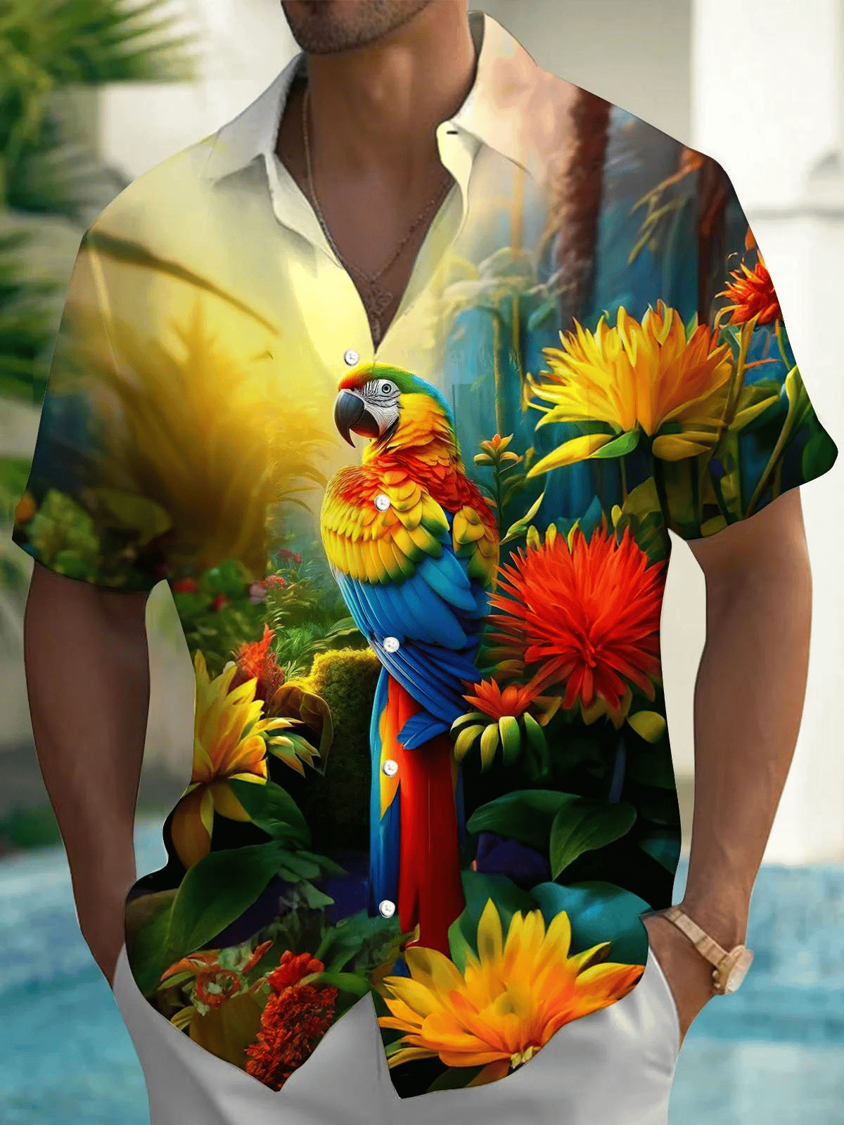 Men's Hawaiian Shirt Flora Parrot Print Pocket Short Sleeve Shirt