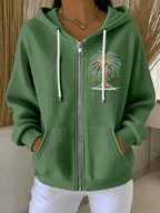 Women's Christmas Tree Print Casual Zip-Up Hooded Sweatshirt Jacket