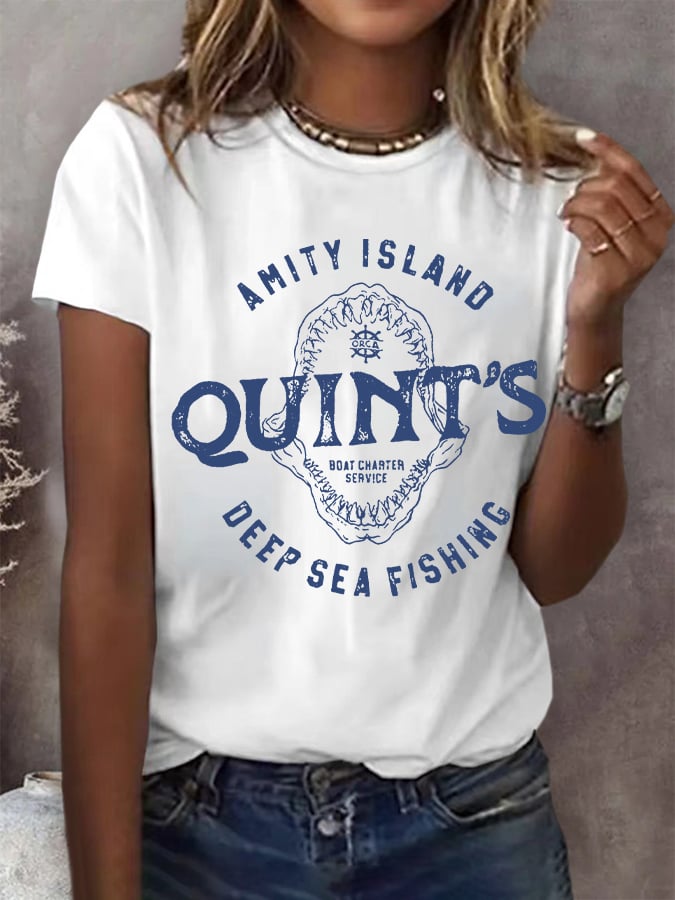 Women's Amity Island 1975 Deep Sea Fishing Print Round Neck T-Shirt