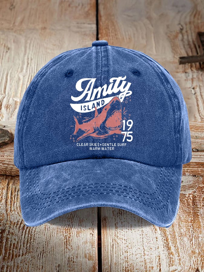 Retro Amity Island 1975 Clear Skies Gentle Surf Warm Water Print Baseball Cap