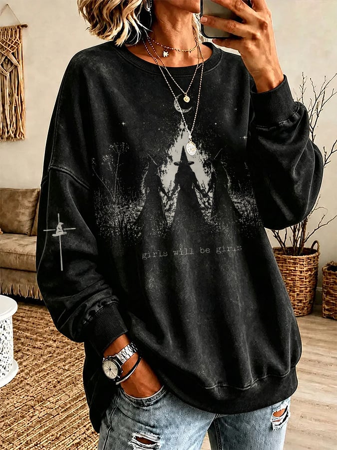 Women's Halloween Girls Will Be Girls Witch Print Sweatshirt