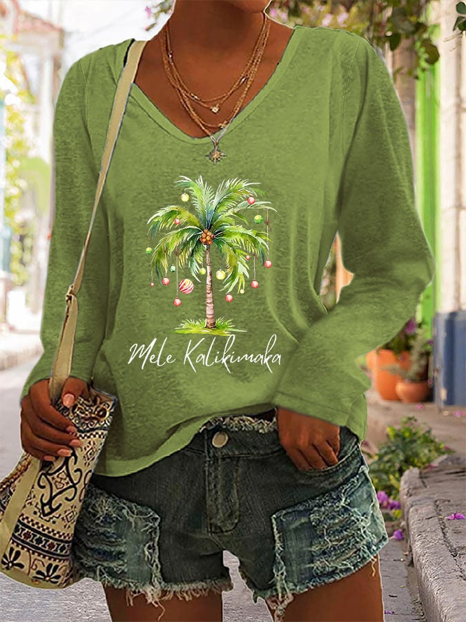 Women's Casual Mele Kalikimaka Printed Long Sleeve T-Shirt