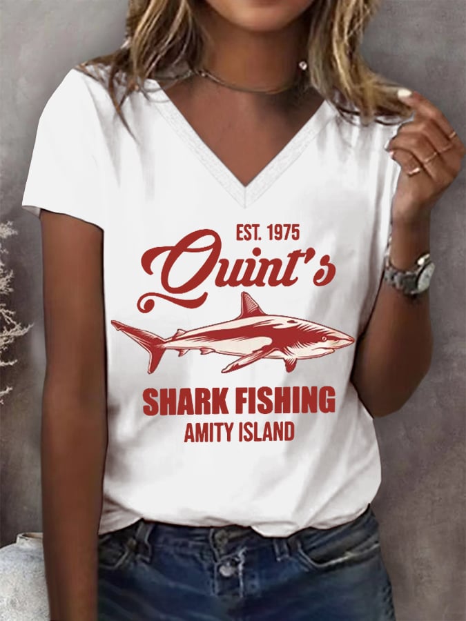 Women's Great White Shark Print V-Neck Short Sleeve T-Shirt