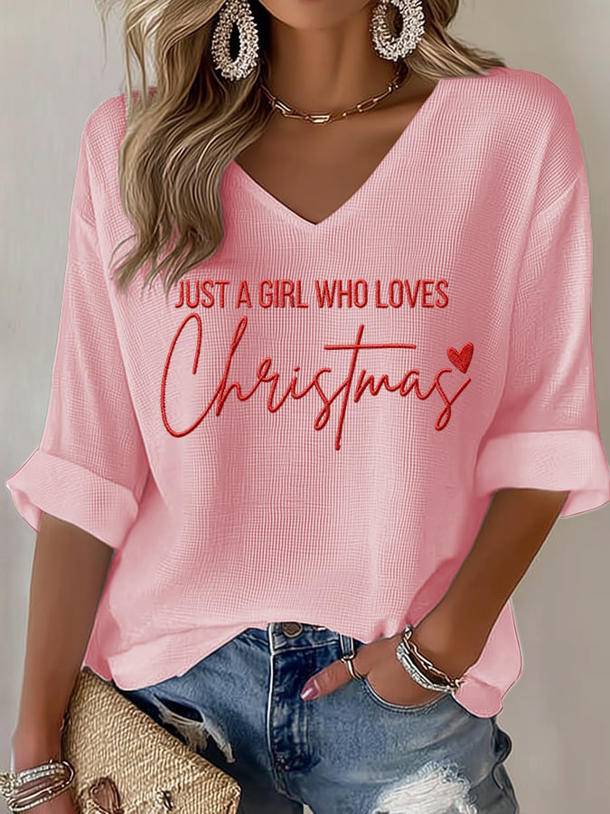 Women's casual just a girl who loves Christmas printed waffle long-sleeved T-shirt
