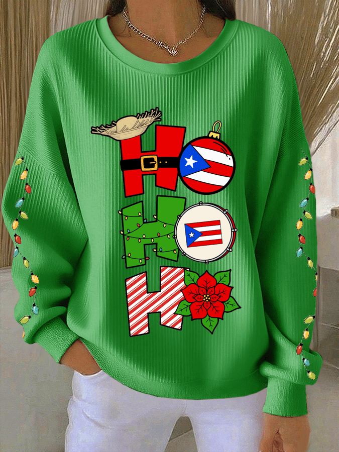 Women's Puerto Rican Christmas Print Knit Crew Neck Long Sleeve Top