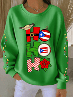 Women's Puerto Rican Christmas Print Knit Crew Neck Long Sleeve Top