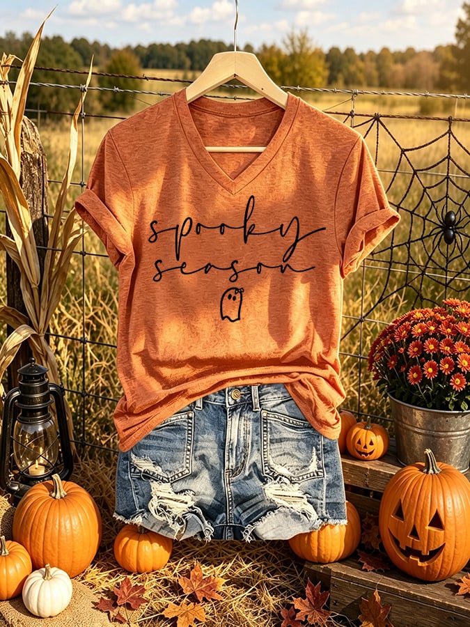 V-Neck Retro Halloween Spooky Season Ghost Print T-Shirt