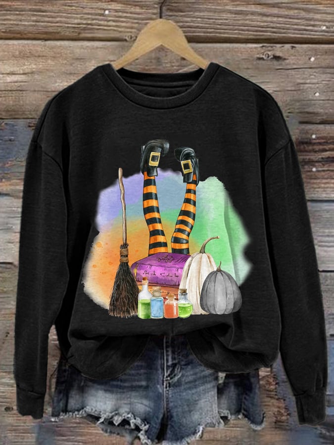Women's Witch Print Round Neck Sweatshirt