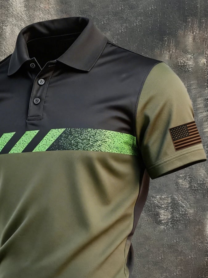 Men's Retro Patriotic Color-Block Short-Sleeve Polo Shirt