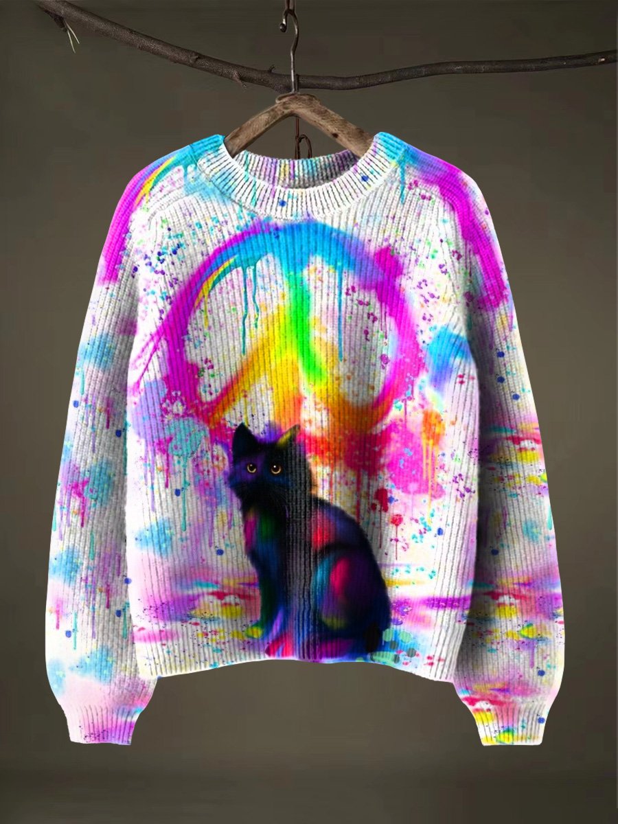 Black Cat Peace Love Halloween Art Print Thin Sweater