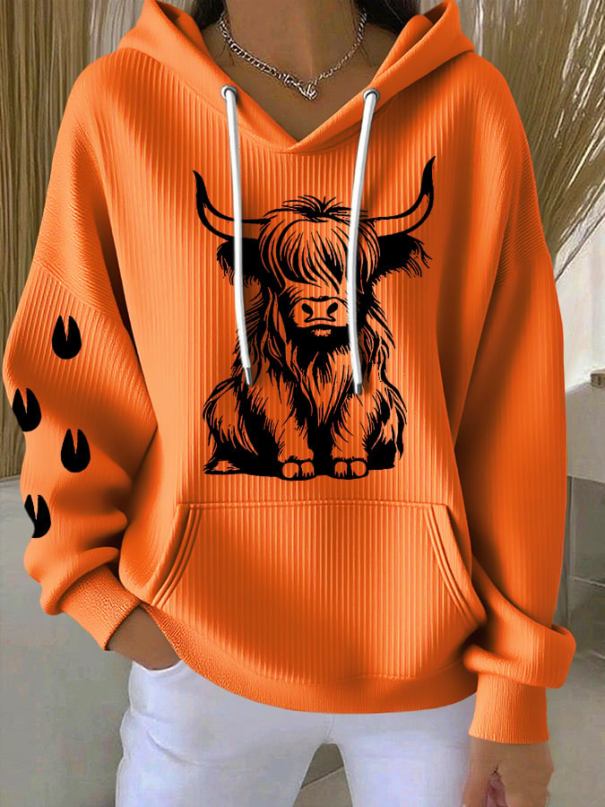 Women's Vintage Western Highland Cow Print Casual Hooded Sweatshirt