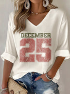 V-Neck Retro Christmas December 25 Print T-Shirt