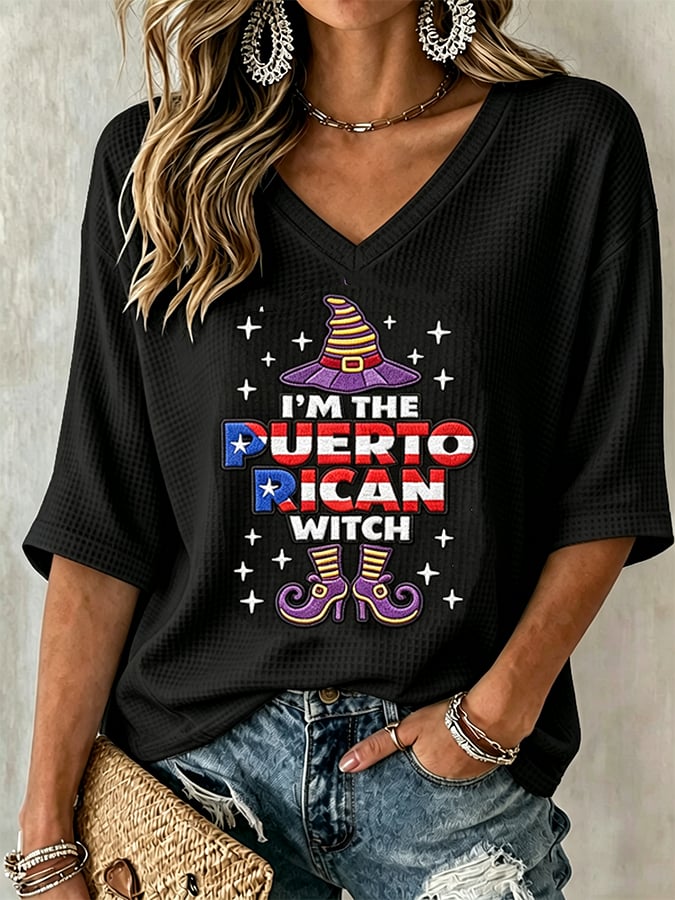Women's Halloween In Puerto Rico Print Waffle-Knit Top