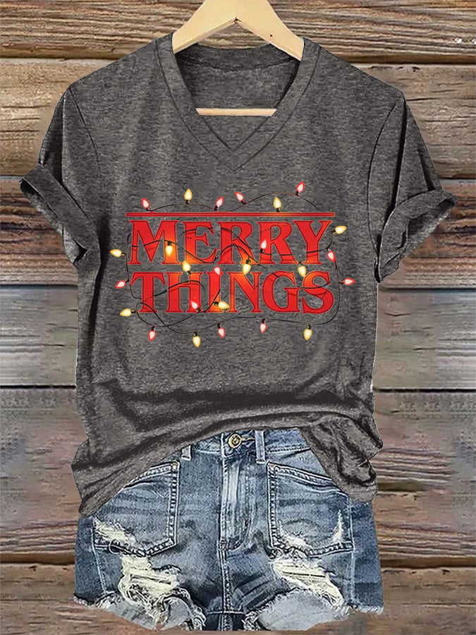 V-Neck Retro Merry Christmas Merry Things Print T-Shirt