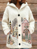 Women's Vintage Christmas Snow Scene Print Casual Mid-Length Hooded Cardigan