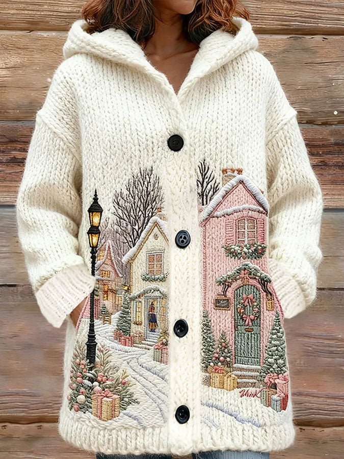 Women's Vintage Christmas Snow Scene Print Casual Mid-Length Hooded Cardigan