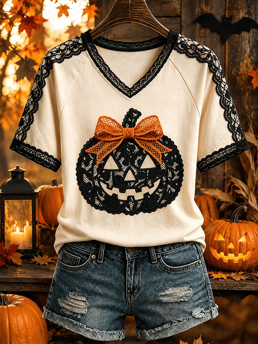 Women's Pumpkin V-Neck T-Shirts