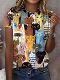 Women's Casual Cute Cat Pattern Printed Round Neck Short Sleeve T-Shirt