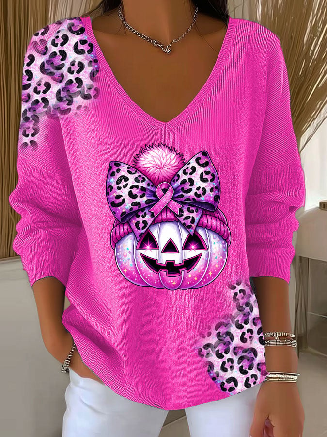 Women's Casual Breast Cancer Pumpkin Leopard Print Long Sleeve T-shirt