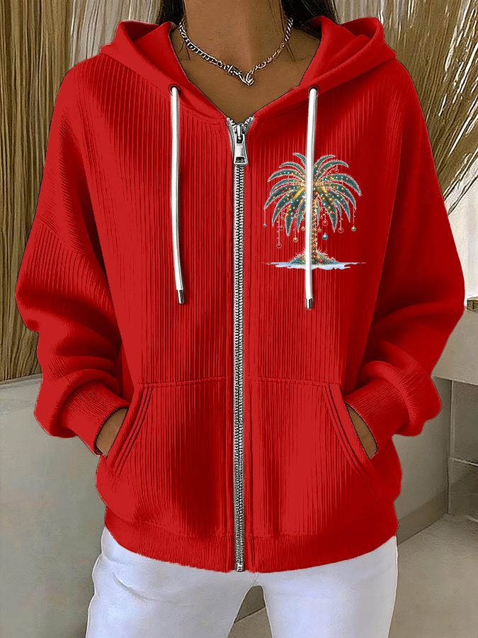 Women's Christmas Tree Print Casual Zip-Up Hooded Sweatshirt Jacket