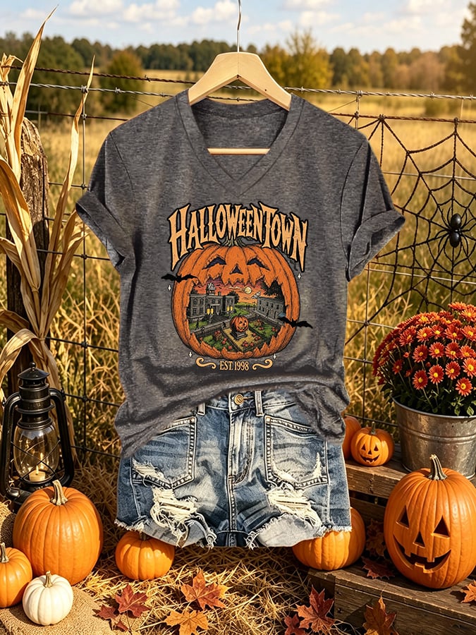 V-Neck Retro Halloweentown Est. 1998 Print T-Shirt