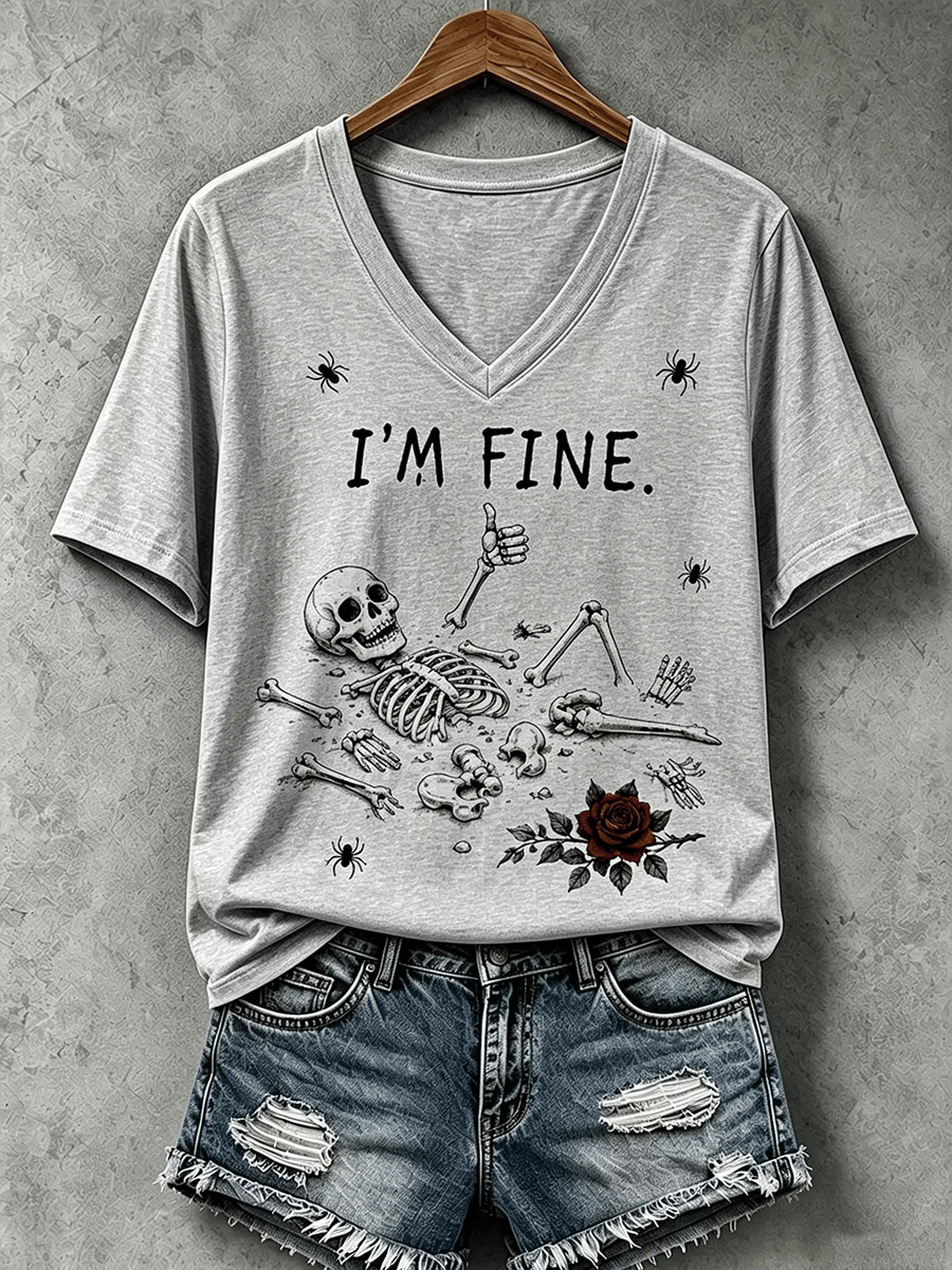 Women's Halloween I'm Fine Print V Neck T-Shirt
