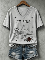 Women's Halloween I'm Fine Print V Neck T-Shirt