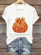 Women's Autumn Sequin Pumpkin Print V-Neck T-Shirt