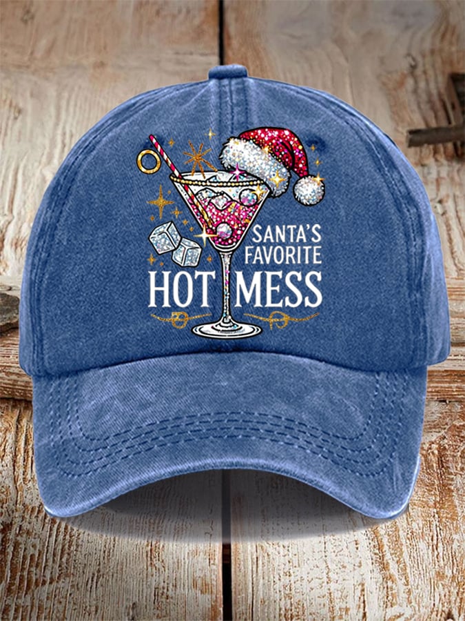 Unisex Distressed Washed Cotton Christmas Santa's Favorite Hot Mess Hat